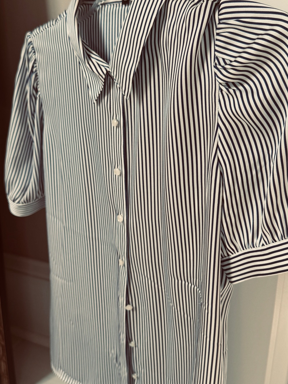 Quince Navy & White Vertical Stripe Short-Sleeve washable silk blouse